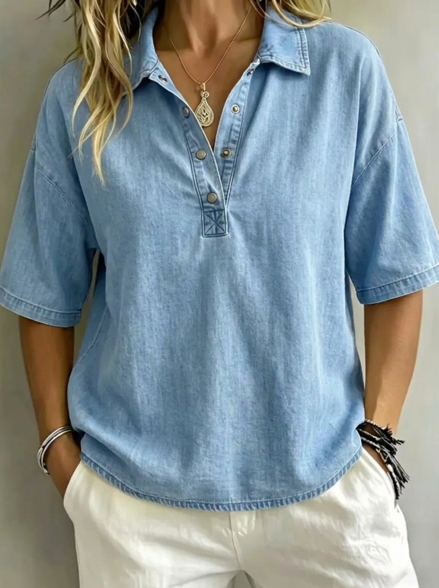 Women’s Washed Denim Polo Casual Top