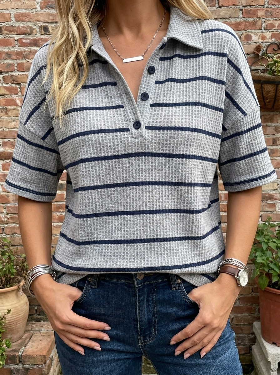 Women’s Striped Waffle Knit Polo Top