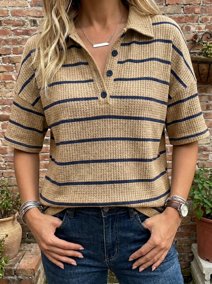 Women’s Striped Waffle Knit Polo Top