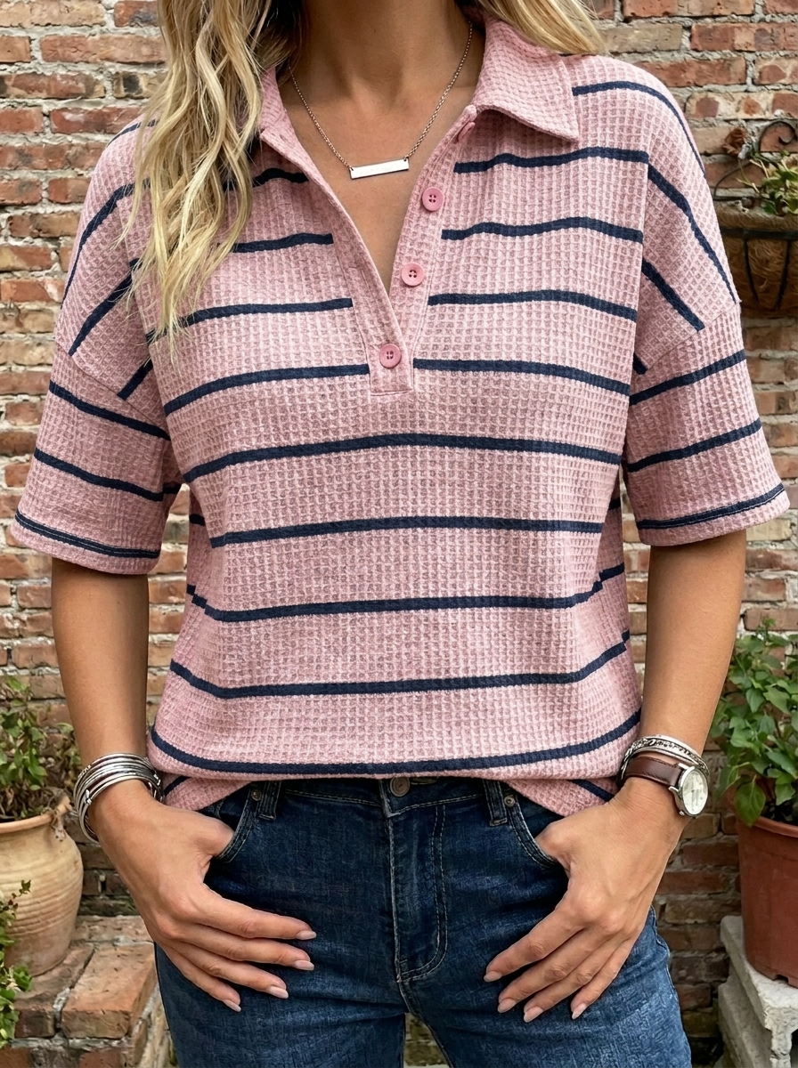 Women’s Striped Waffle Knit Polo Top