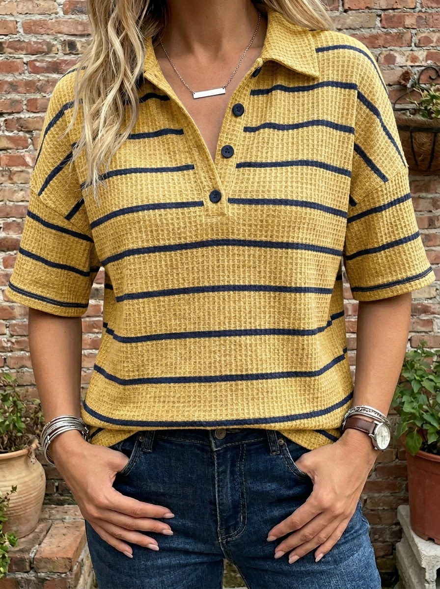Women’s Striped Waffle Knit Polo Top