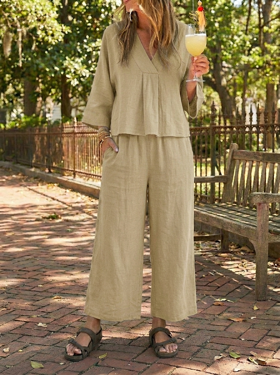 Women’s Linen V-Neck Wide-Leg Two-Piece Set