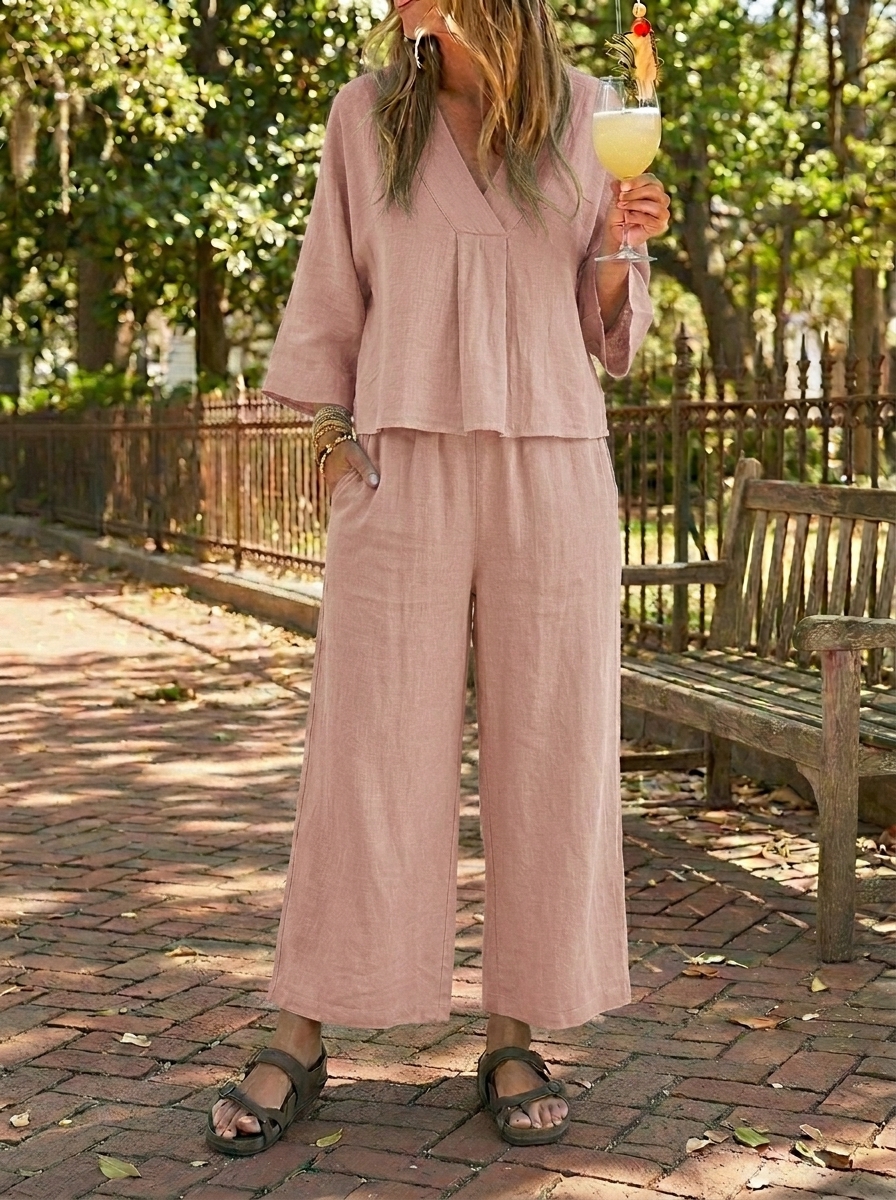 Women’s Linen V-Neck Wide-Leg Two-Piece Set