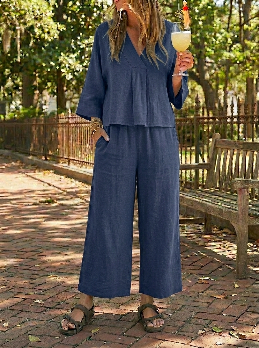 Women’s Linen V-Neck Wide-Leg Two-Piece Set