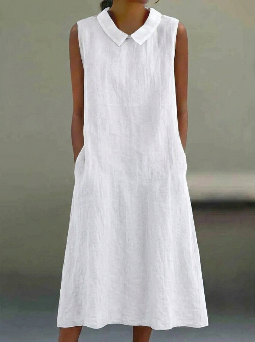 Women’s Cotton Linen Sleeveless V-Neck Midi Dress with Pockets