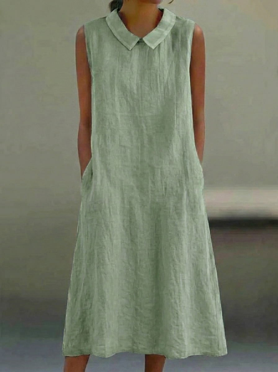 Women’s Cotton Linen Sleeveless V-Neck Midi Dress with Pockets