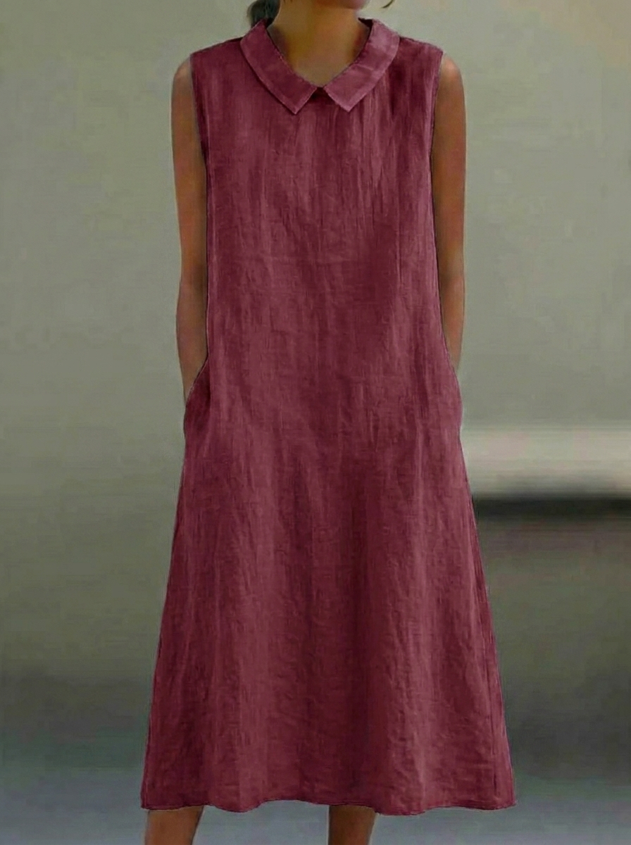 Women’s Cotton Linen Sleeveless V-Neck Midi Dress with Pockets
