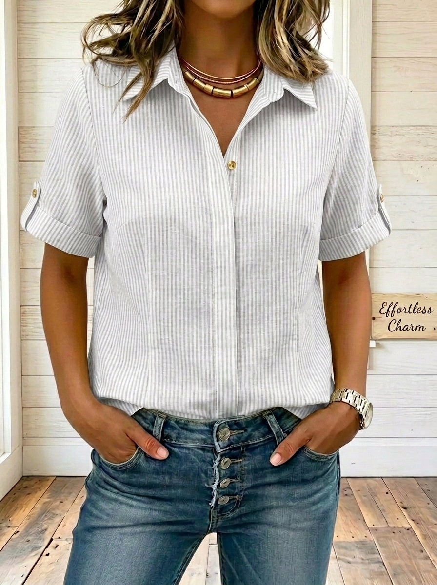 Women’s Striped Cotton Linen Collared Button Blouse Top