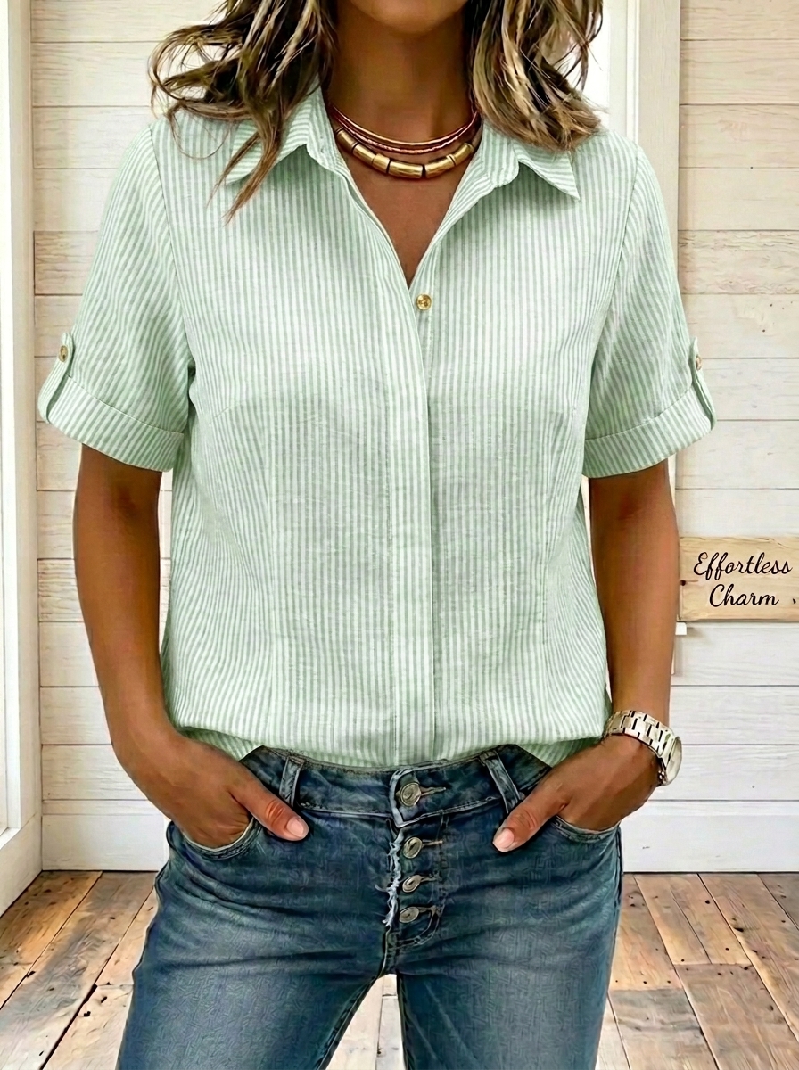 Women’s Striped Cotton Linen Collared Button Blouse Top