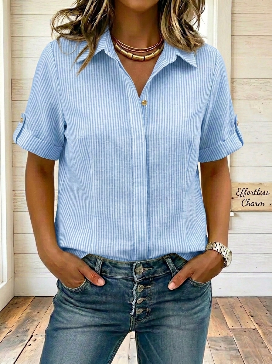 Women’s Striped Cotton Linen Collared Button Blouse Top
