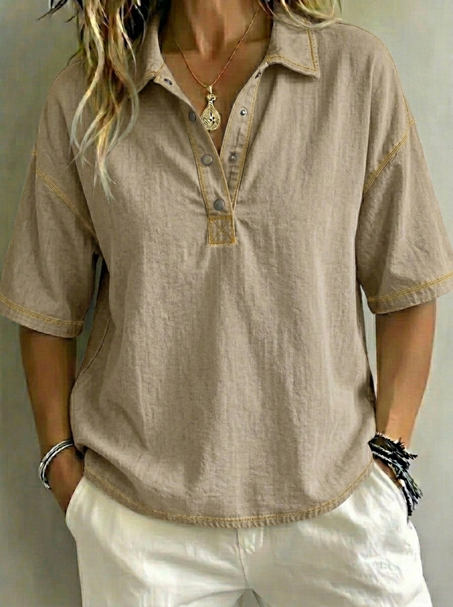Women’s Washed Denim Polo Casual Top