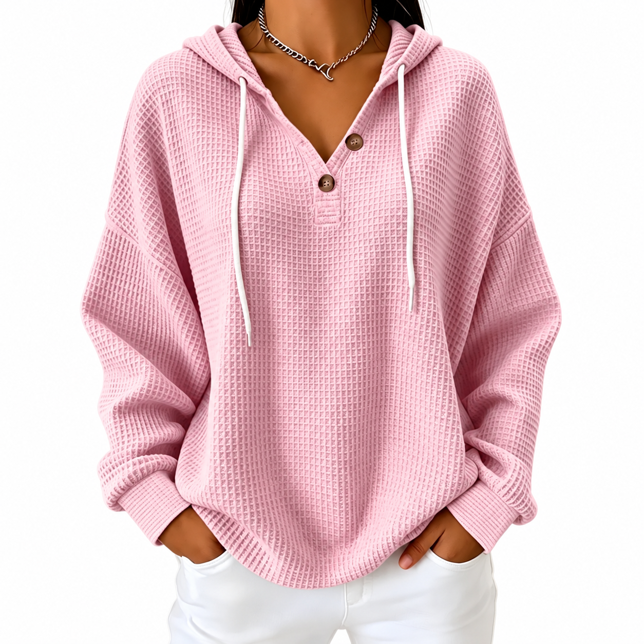 Women's Hooded Pullover – Button V-Neck Casual Sweater for Everyday Wear