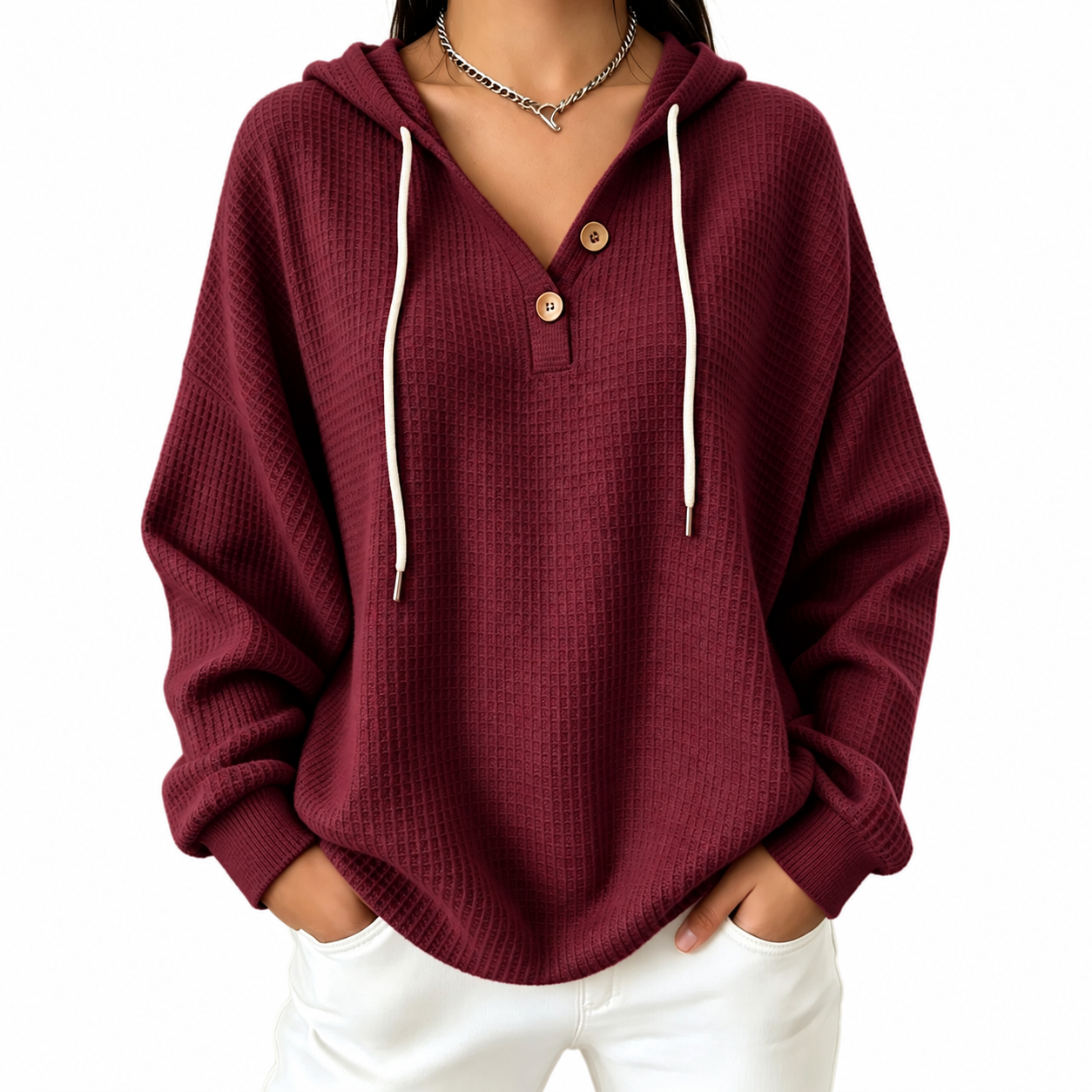 Women's Hooded Pullover – Button V-Neck Casual Sweater for Everyday Wear