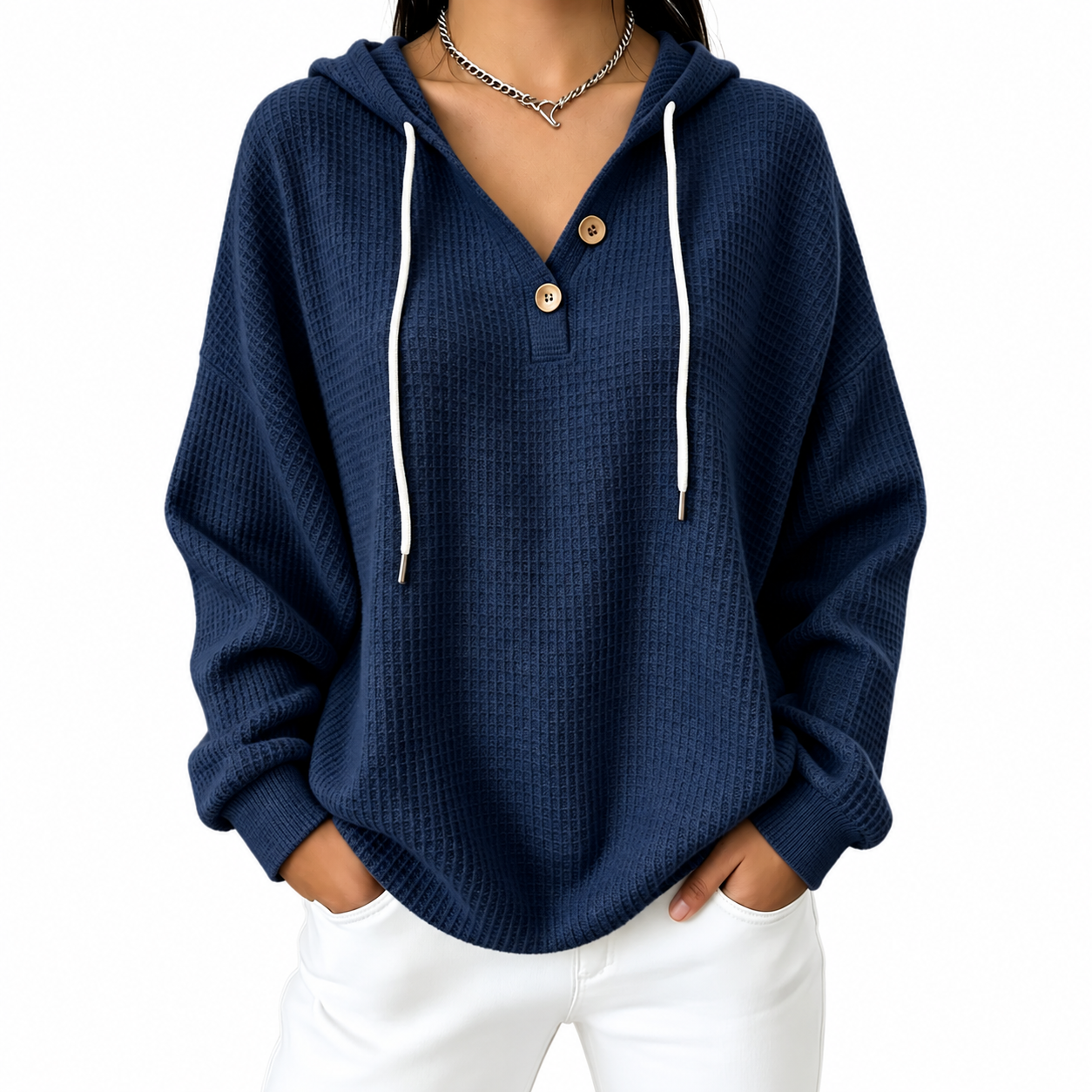 Women's Hooded Pullover – Button V-Neck Casual Sweater for Everyday Wear