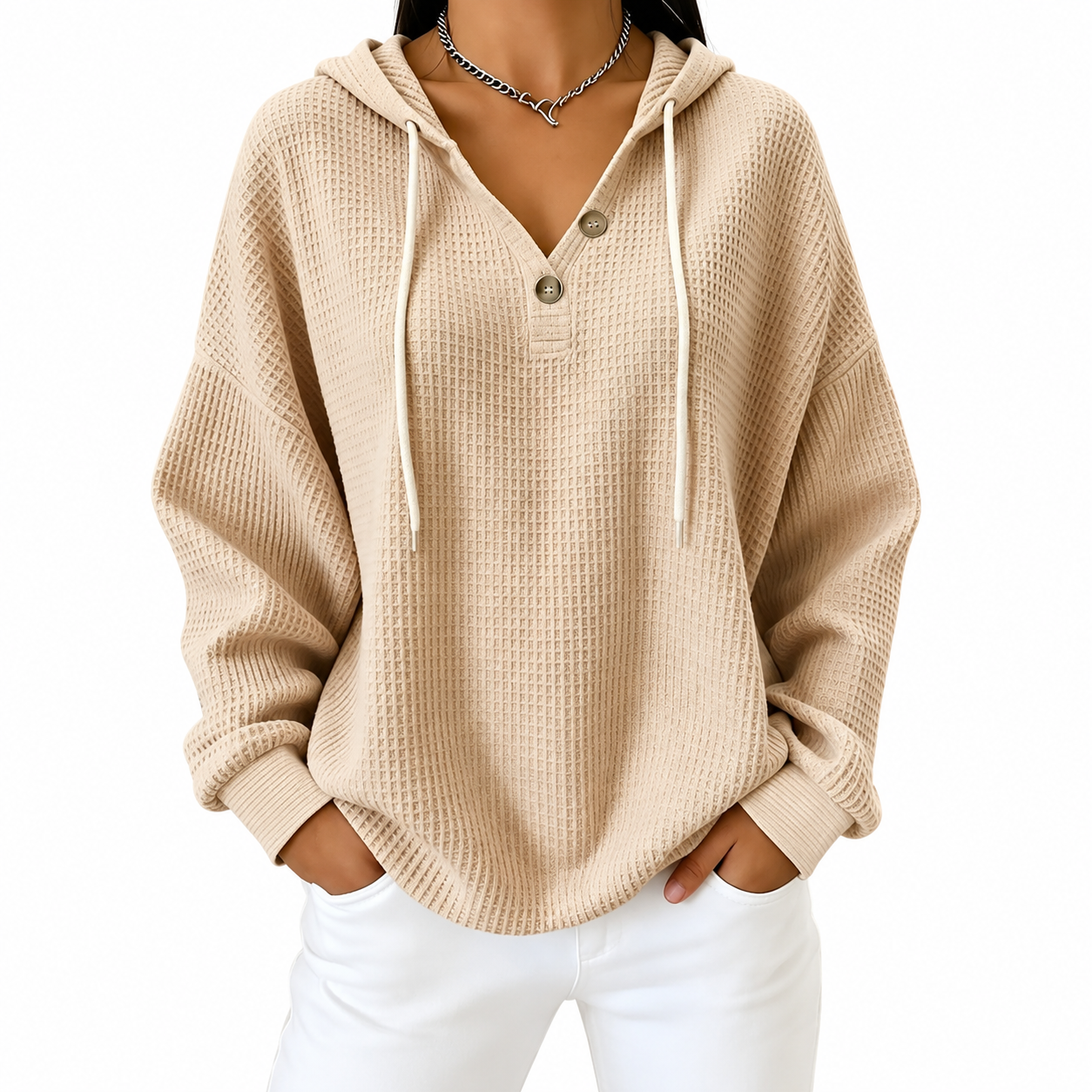 Women's Hooded Pullover – Button V-Neck Casual Sweater for Everyday Wear