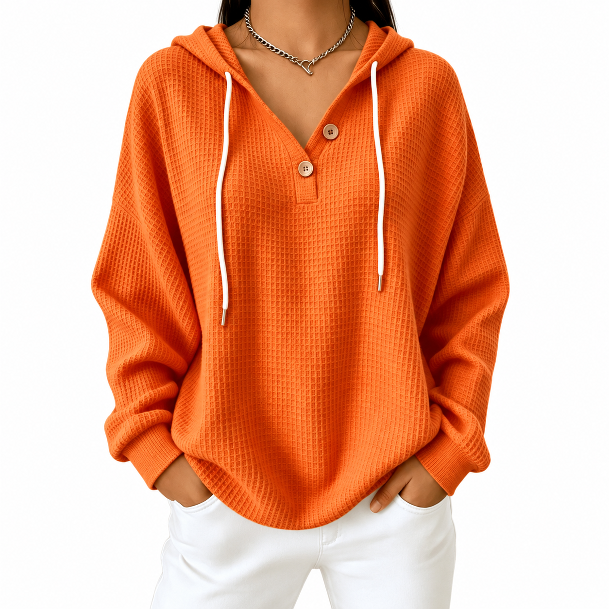 Women's Hooded Pullover – Button V-Neck Casual Sweater for Everyday Wear