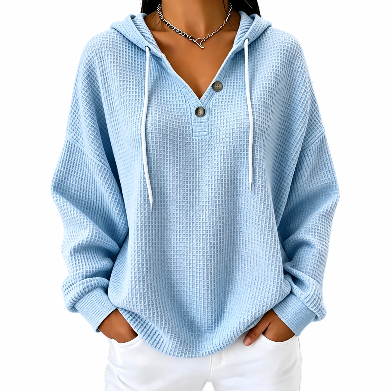 Women's Hooded Pullover – Button V-Neck Casual Sweater for Everyday Wear