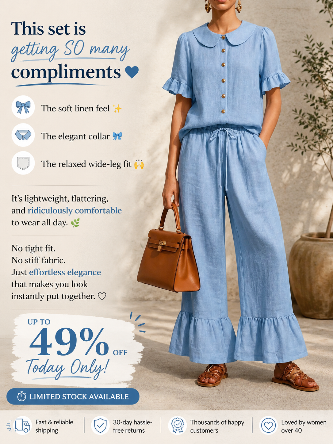New Arrivals🔥Stylish Ruffled Shirt And Wide-leg Pant Linen Two-piece Set