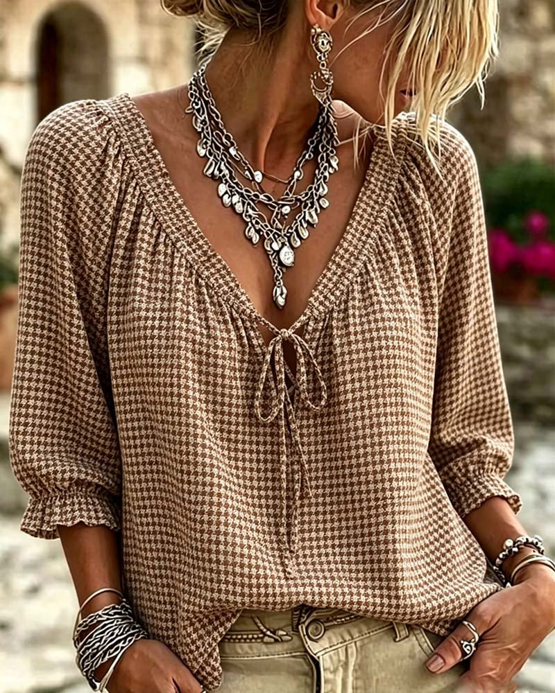 The Effortless Houndstooth Tie-Front Blouse