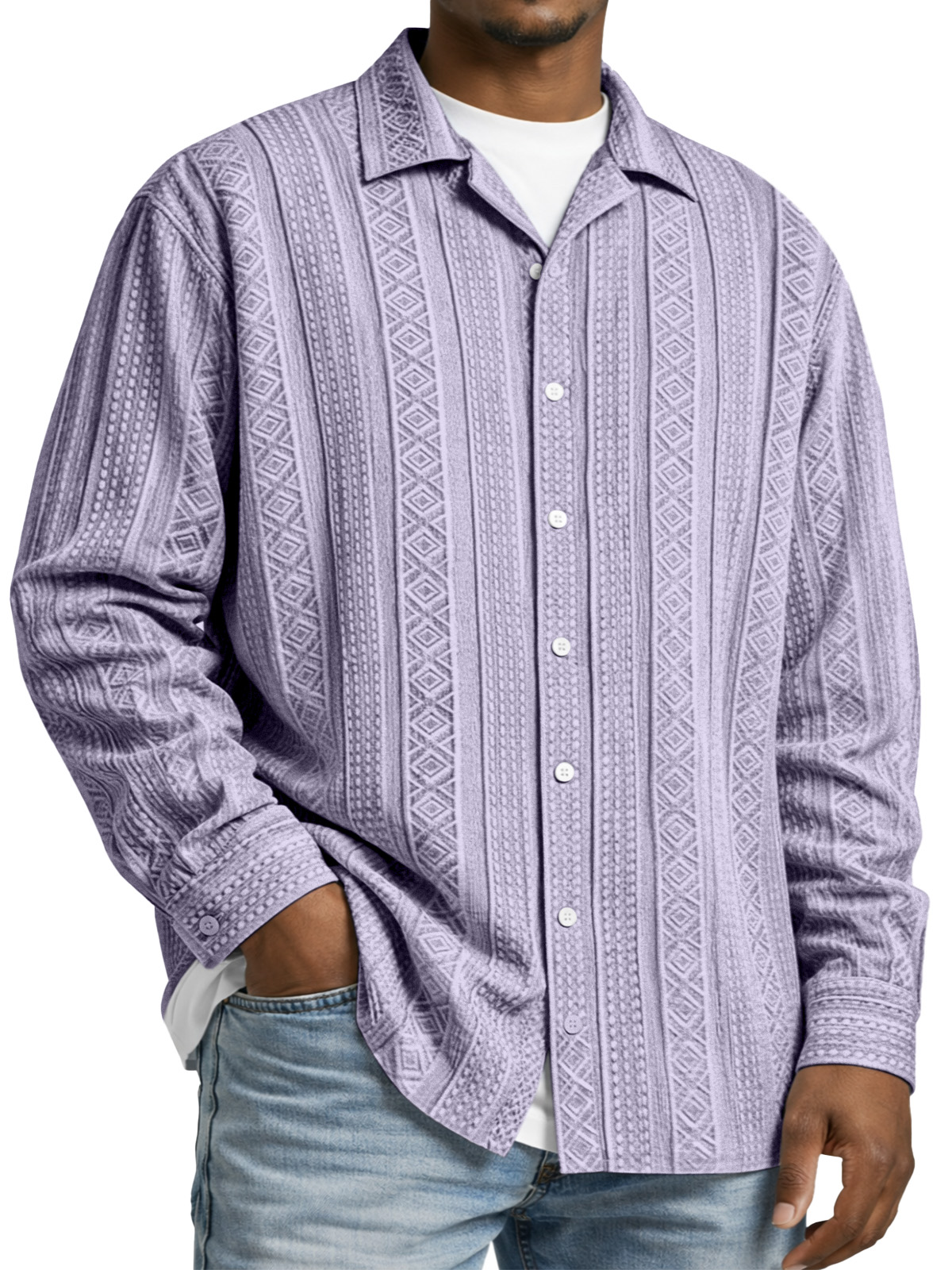 Men's Simple Solid Color Textured Long-sleeved Collared Shirt