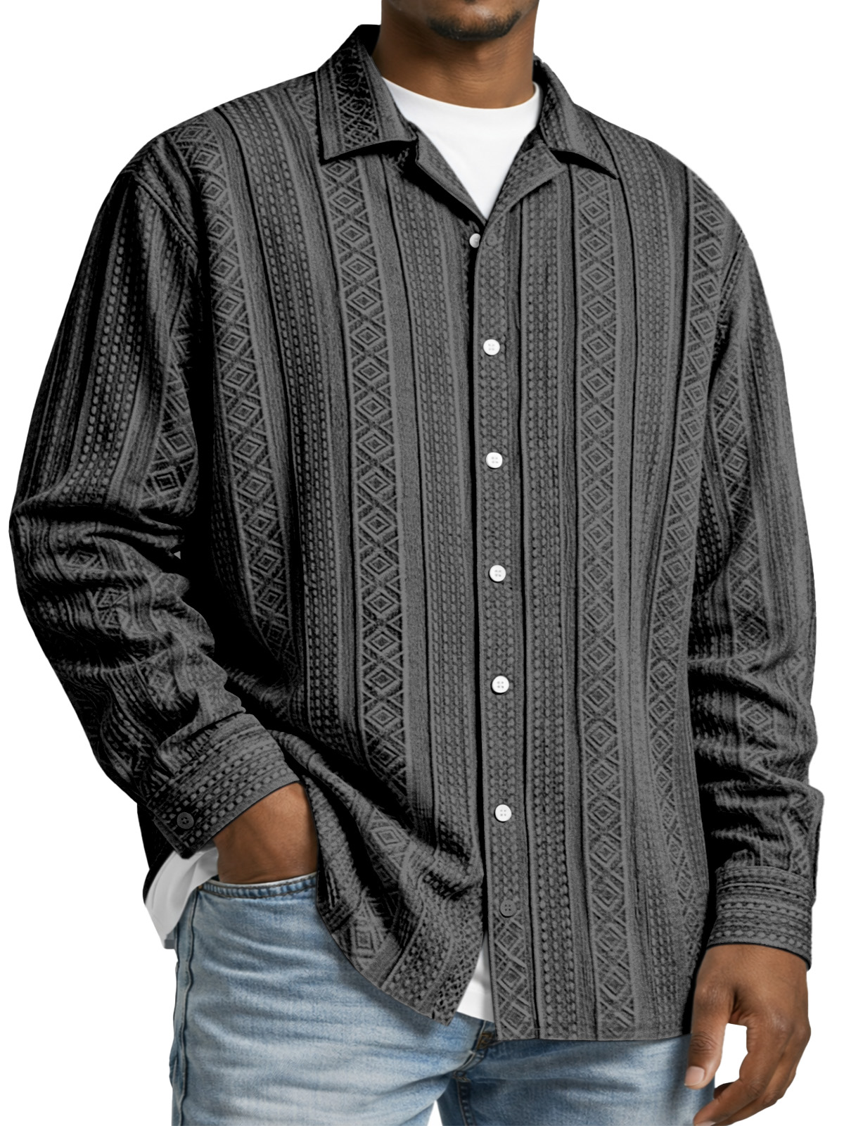 Men's Simple Solid Color Textured Long-sleeved Collared Shirt