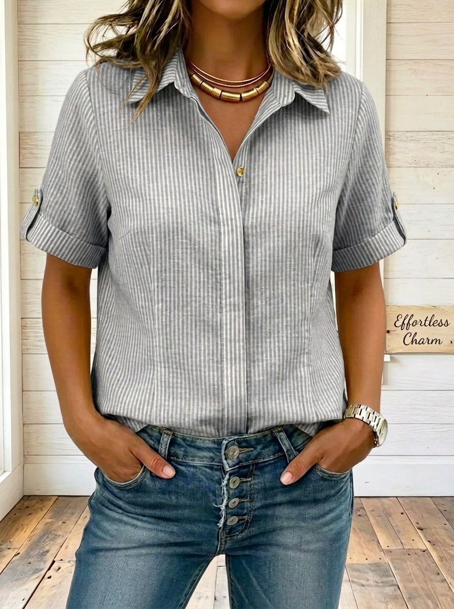 Women’s Striped Cotton Linen Collared Button Blouse Top
