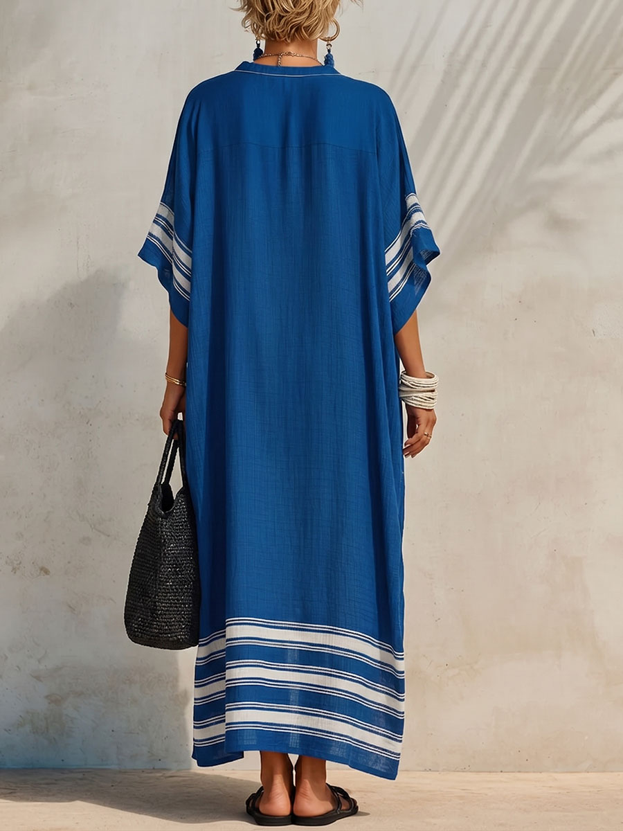 Women’s Cotton Linen Embroidered V-Neck Kaftan Dress
