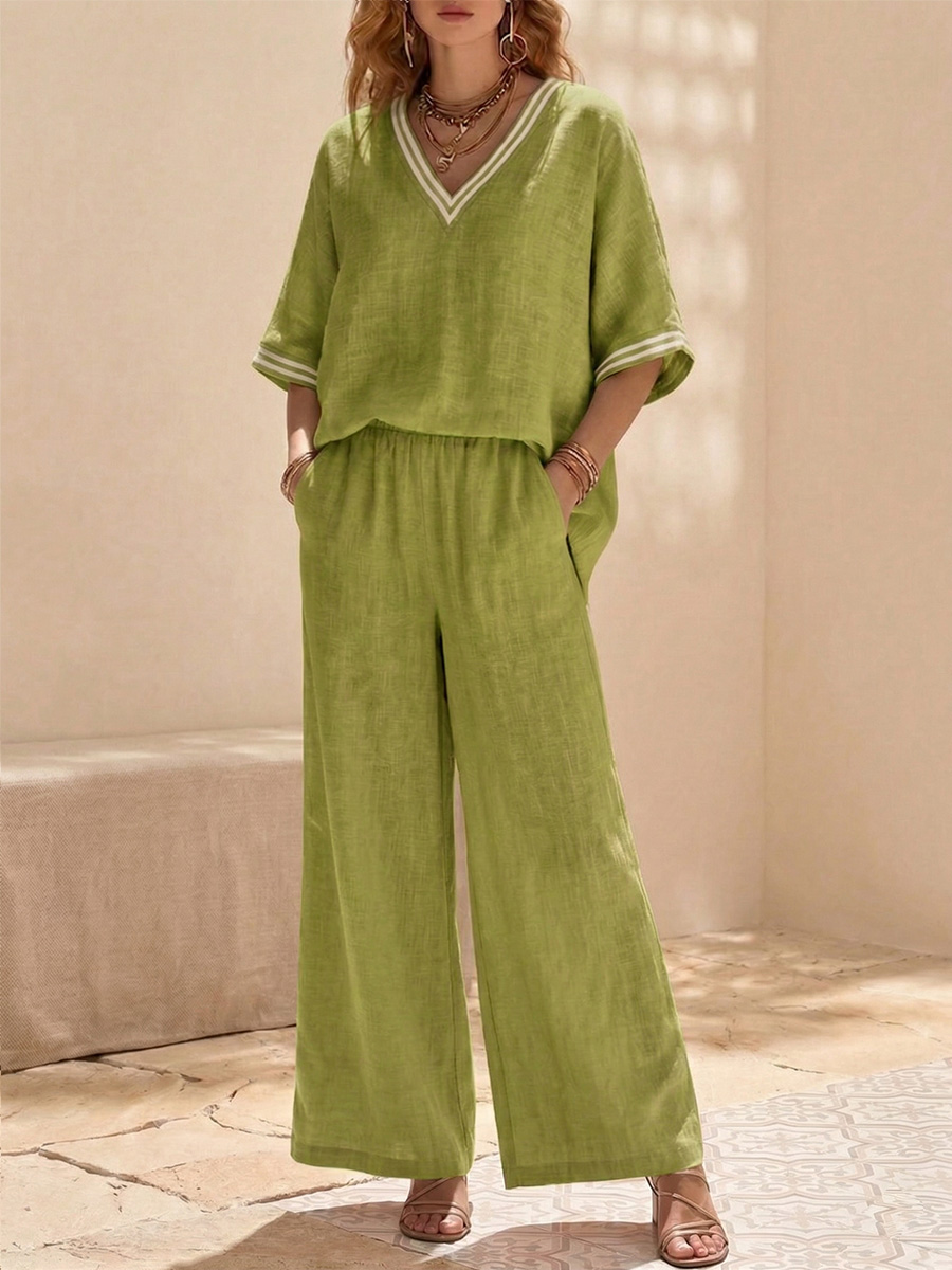 New Arrivals🔥Cozy Loose Fit V Neck Striped Cotton Linen Two Piece Set