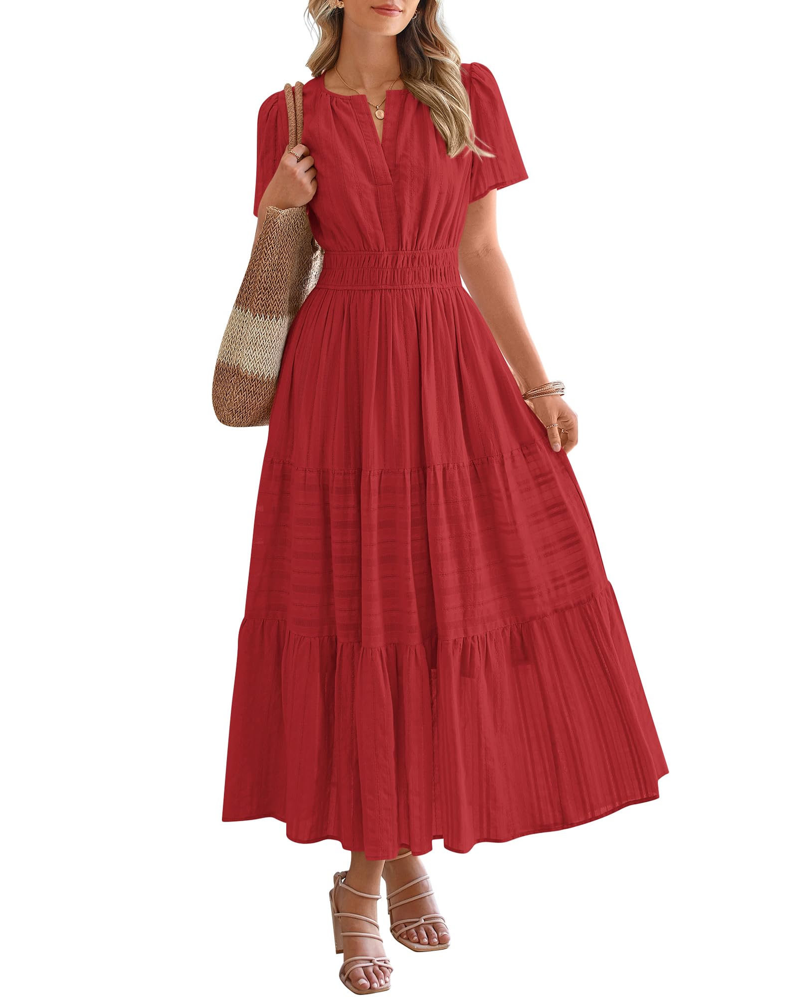 Women’s Cotton Linen V-Neck Tiered Midi Dress