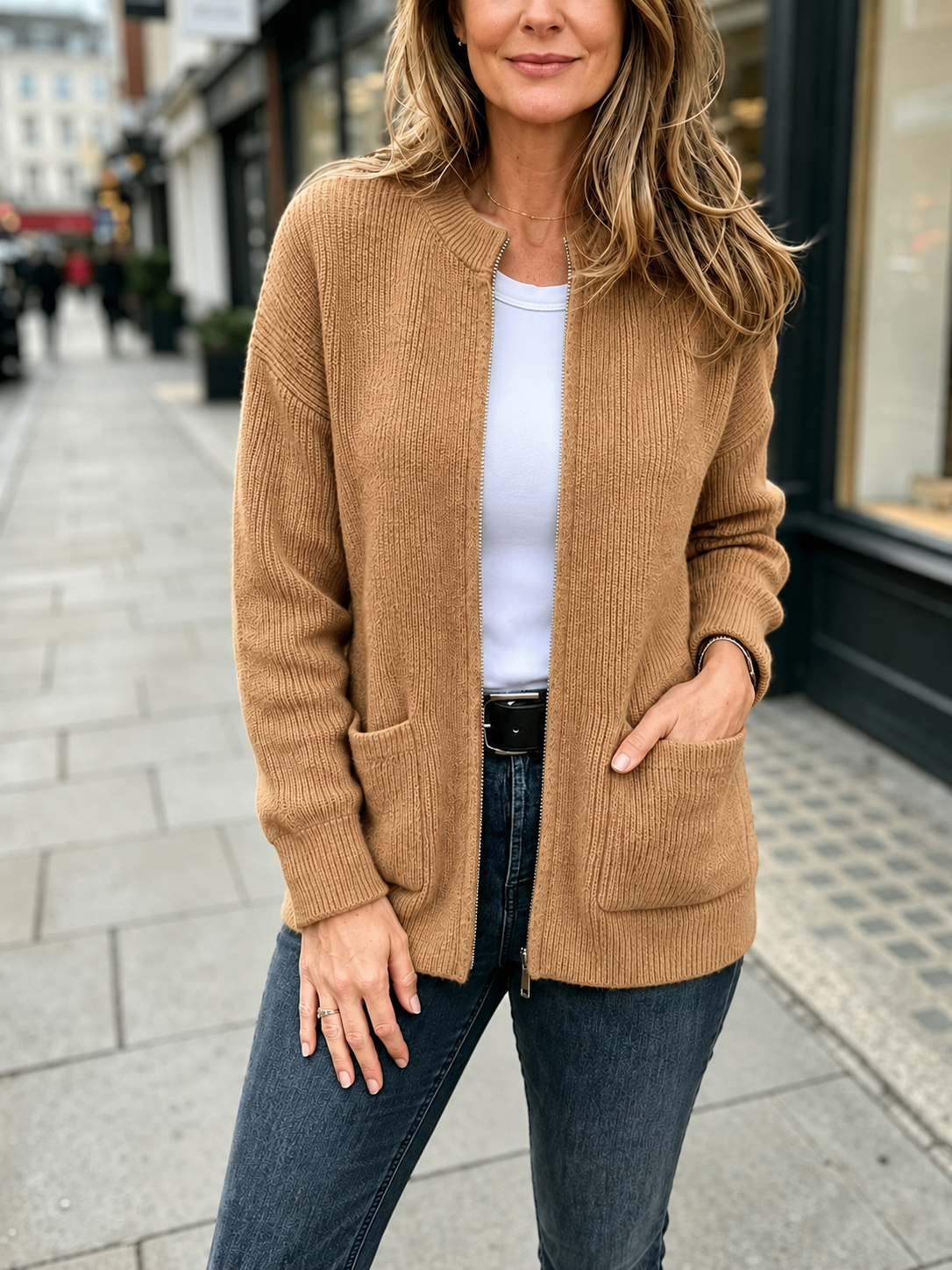 Everyday Ease™ Zip-Front Ribbed Knit Wool Cardigan
