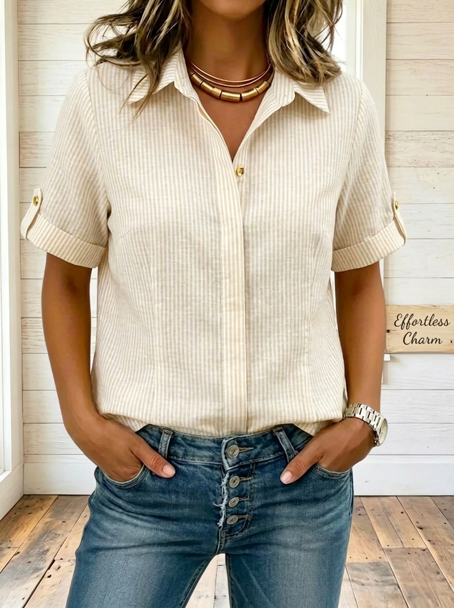 Women’s Striped Cotton Linen Collared Button Blouse Top