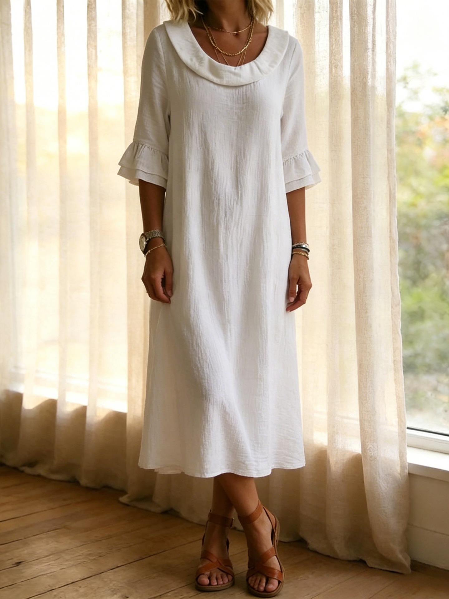 Elegant Linen Blend Ruffle Sleeve Maxi Dress