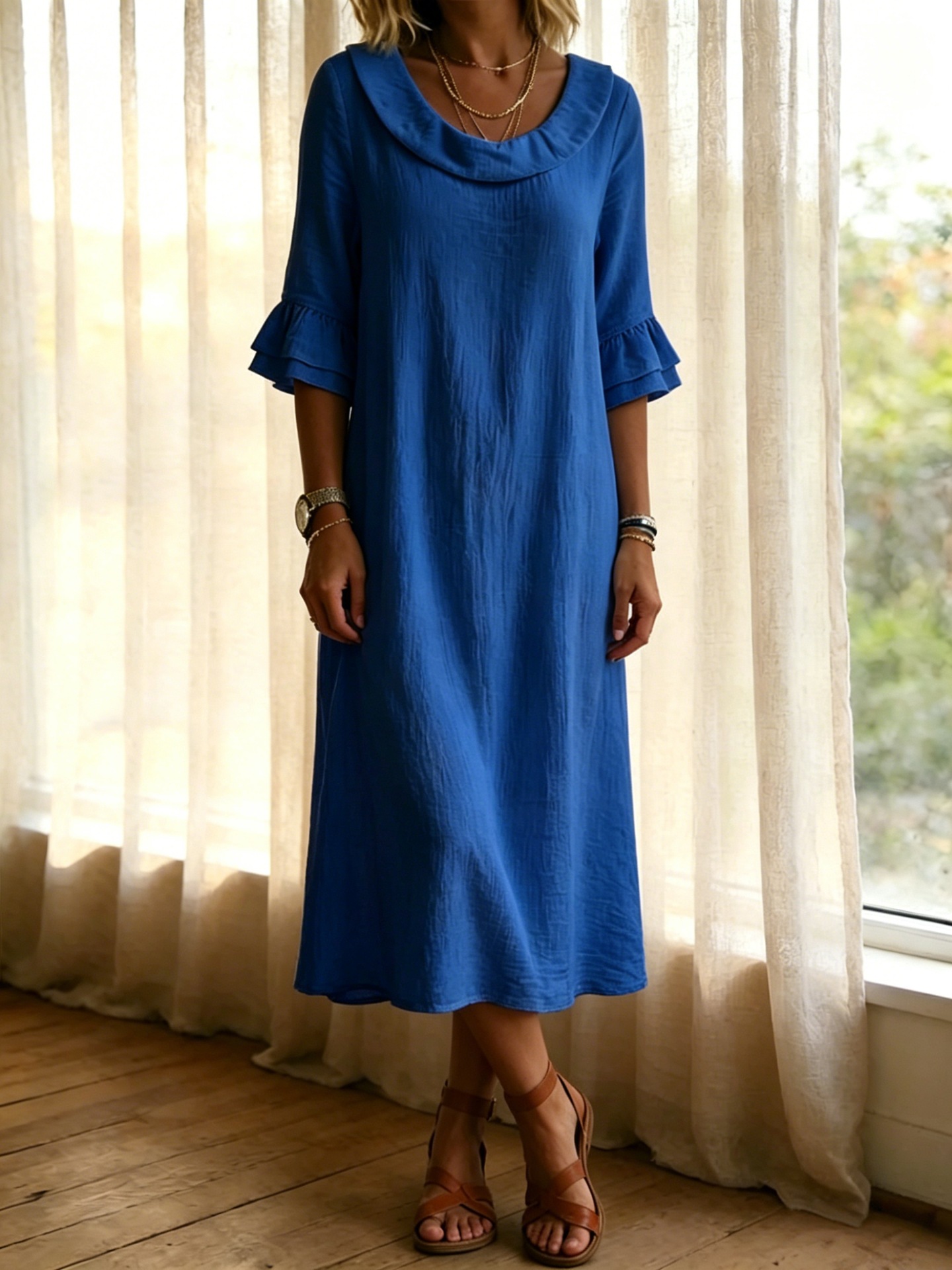 Elegant Linen Blend Ruffle Sleeve Maxi Dress