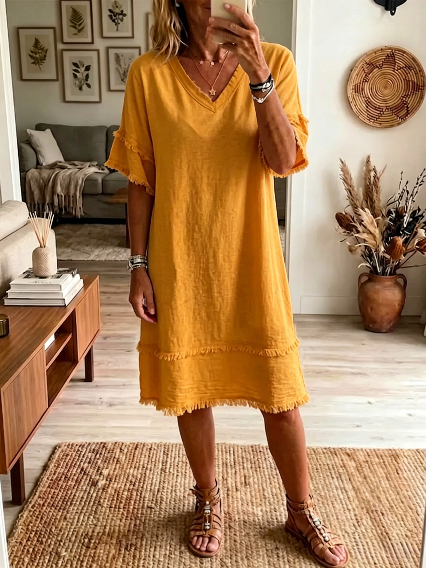 Vintage Frayed Hem Cotton Linen Dress
