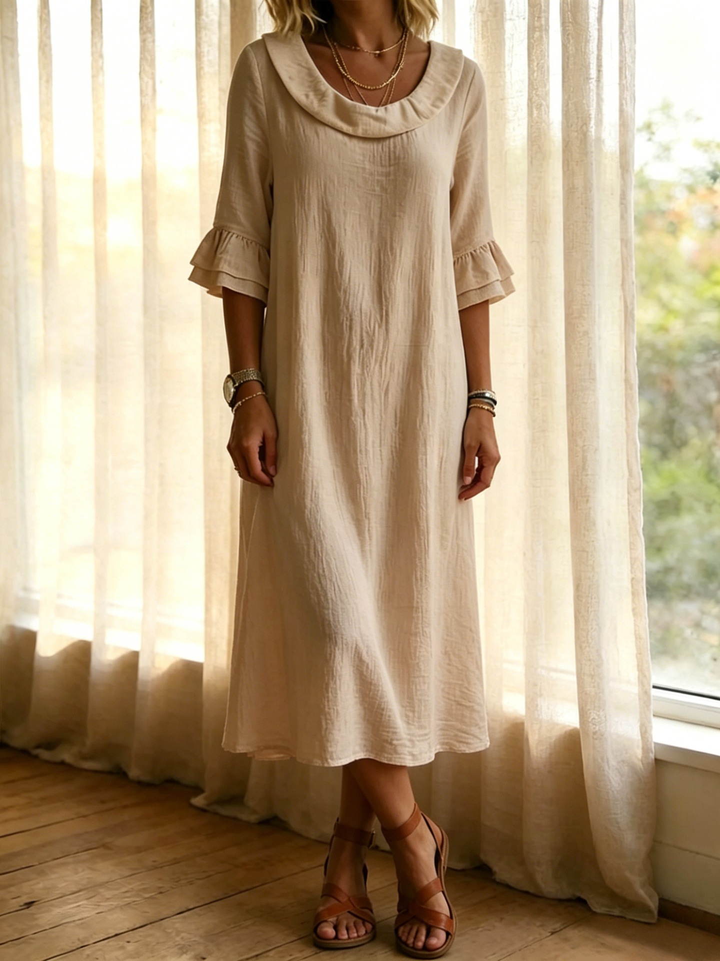 Elegant Linen Blend Ruffle Sleeve Maxi Dress
