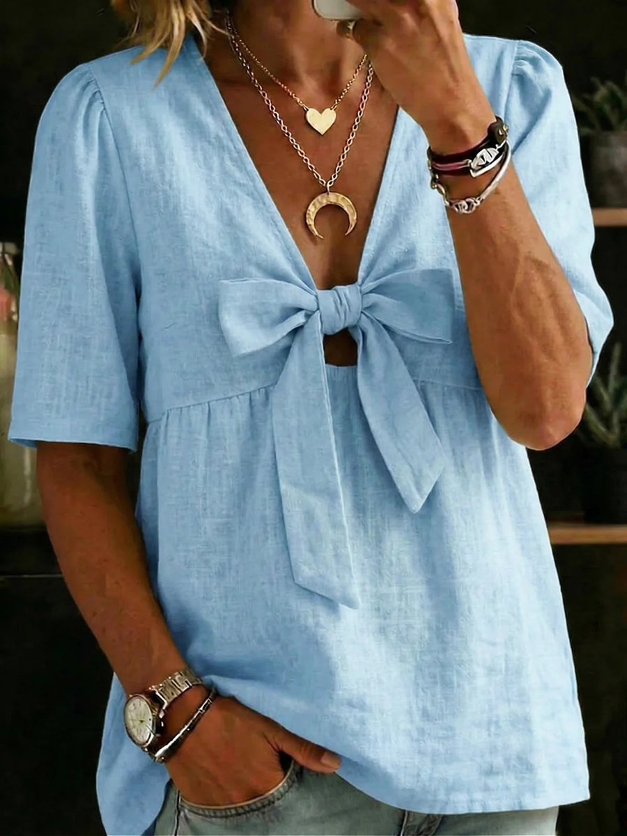 Today 49% off🔥Women’s Cotton Linen Bow V-Neck Loose Blouse