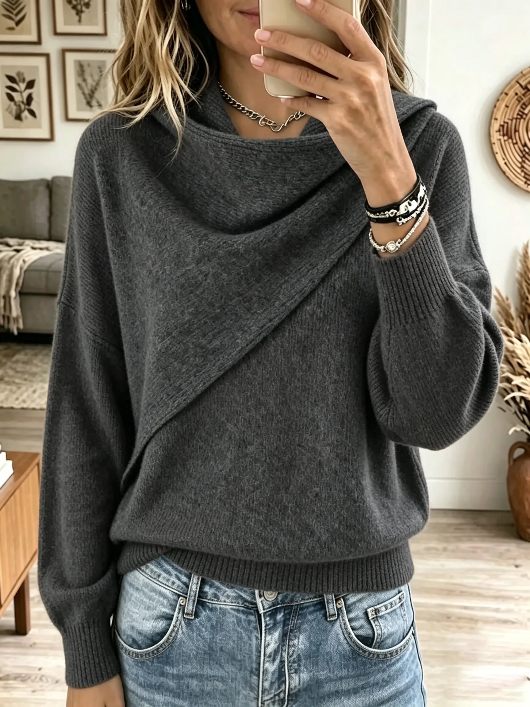 🤲LAST DAY SAVE 49% ⏰Women's Asymmetrical Draped Cowl Neck Sweater