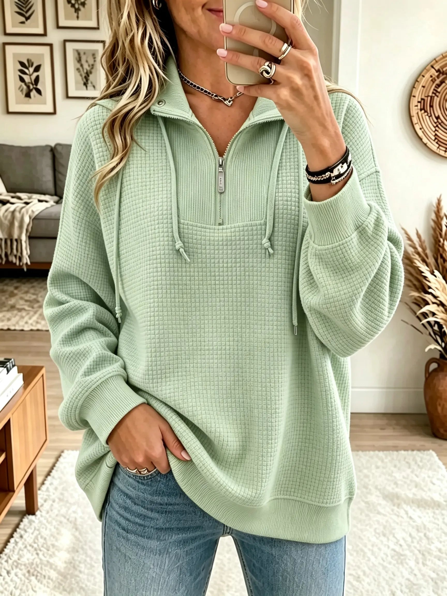 🤲LAST DAY SAVE 49% ⏰Women's Half-Zip Waffle Knit Pullover Sweatshirt