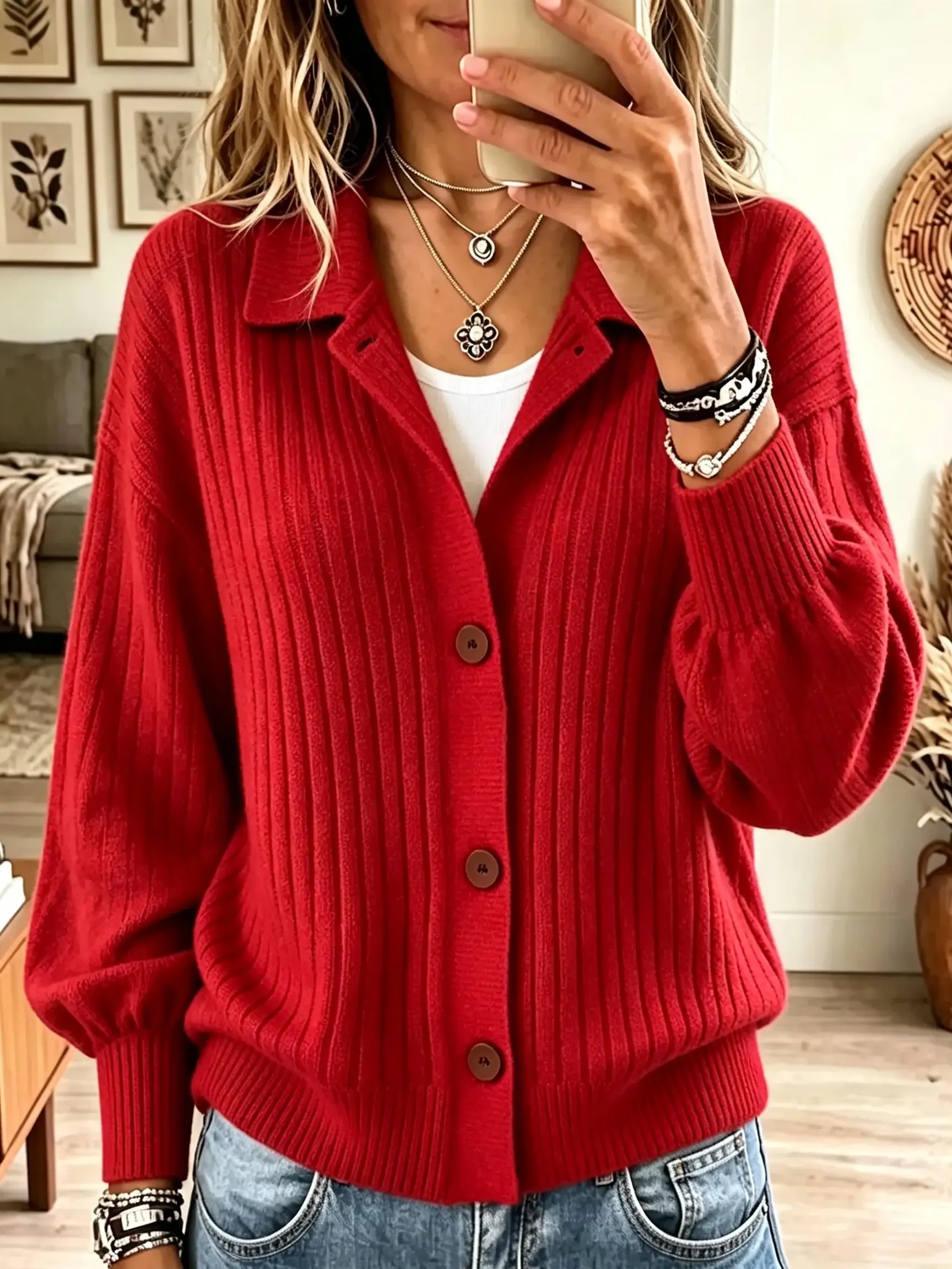🤲LAST DAY SAVE 49% ⏰Women's Polo Collar Button-Down Ribbed Cardigan