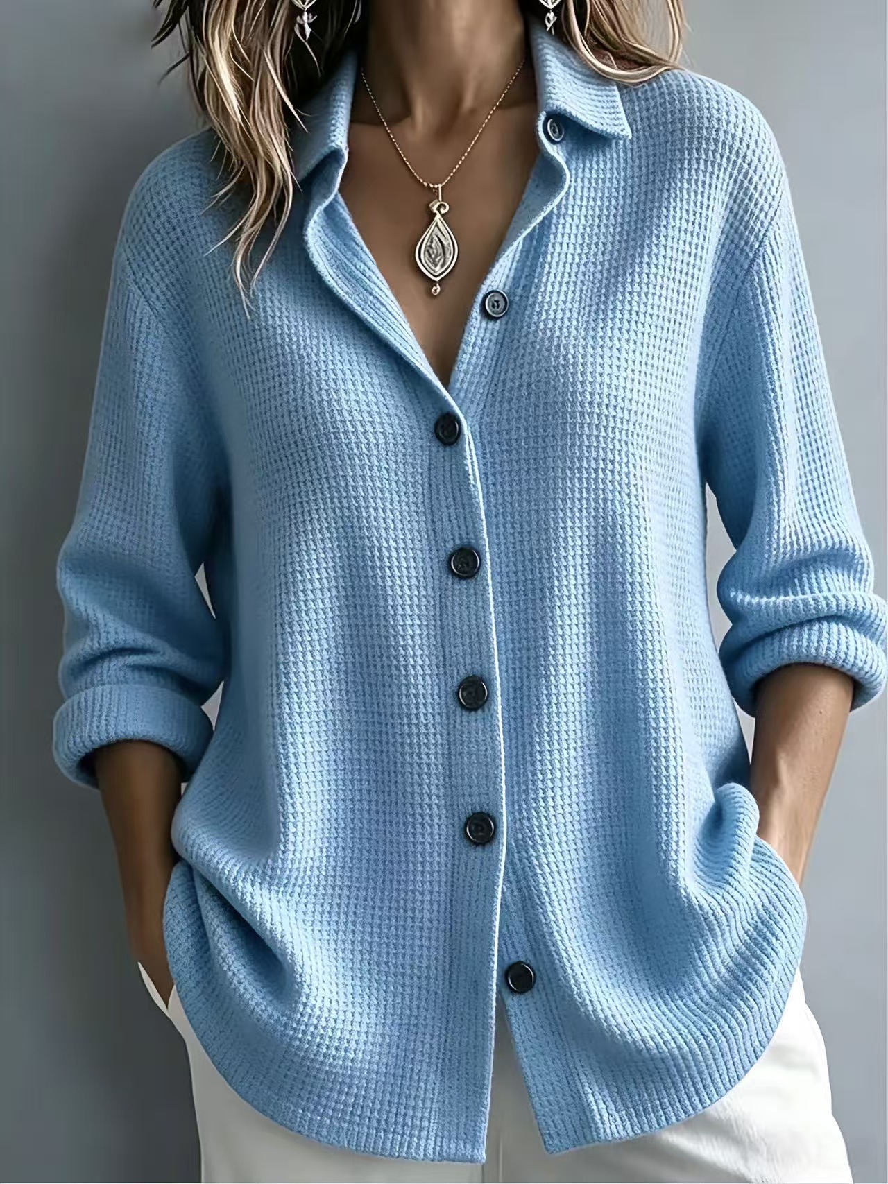 Women's Waffle Knit Button-Up Shirt – Relaxed Textured Top for Everyday Wear