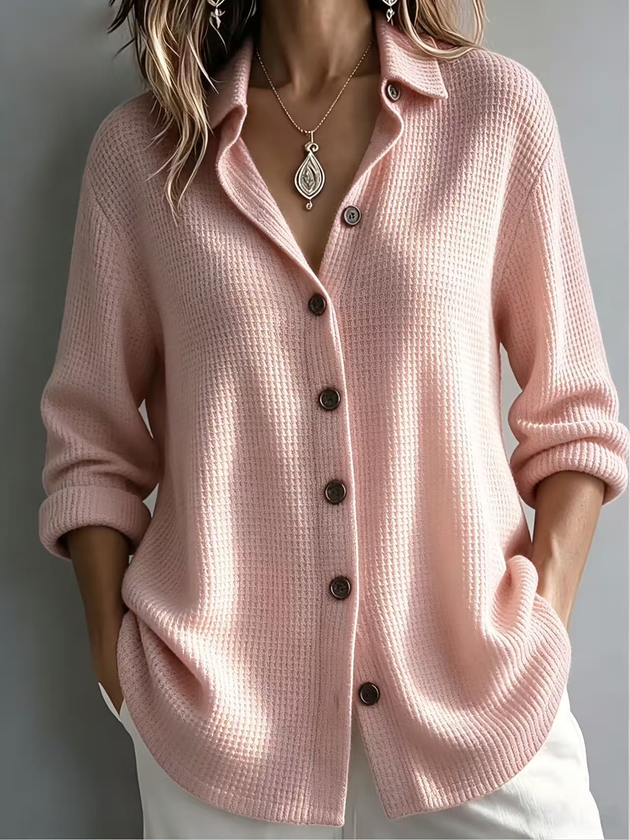 Women's Waffle Knit Button-Up Shirt – Relaxed Textured Top for Everyday Wear