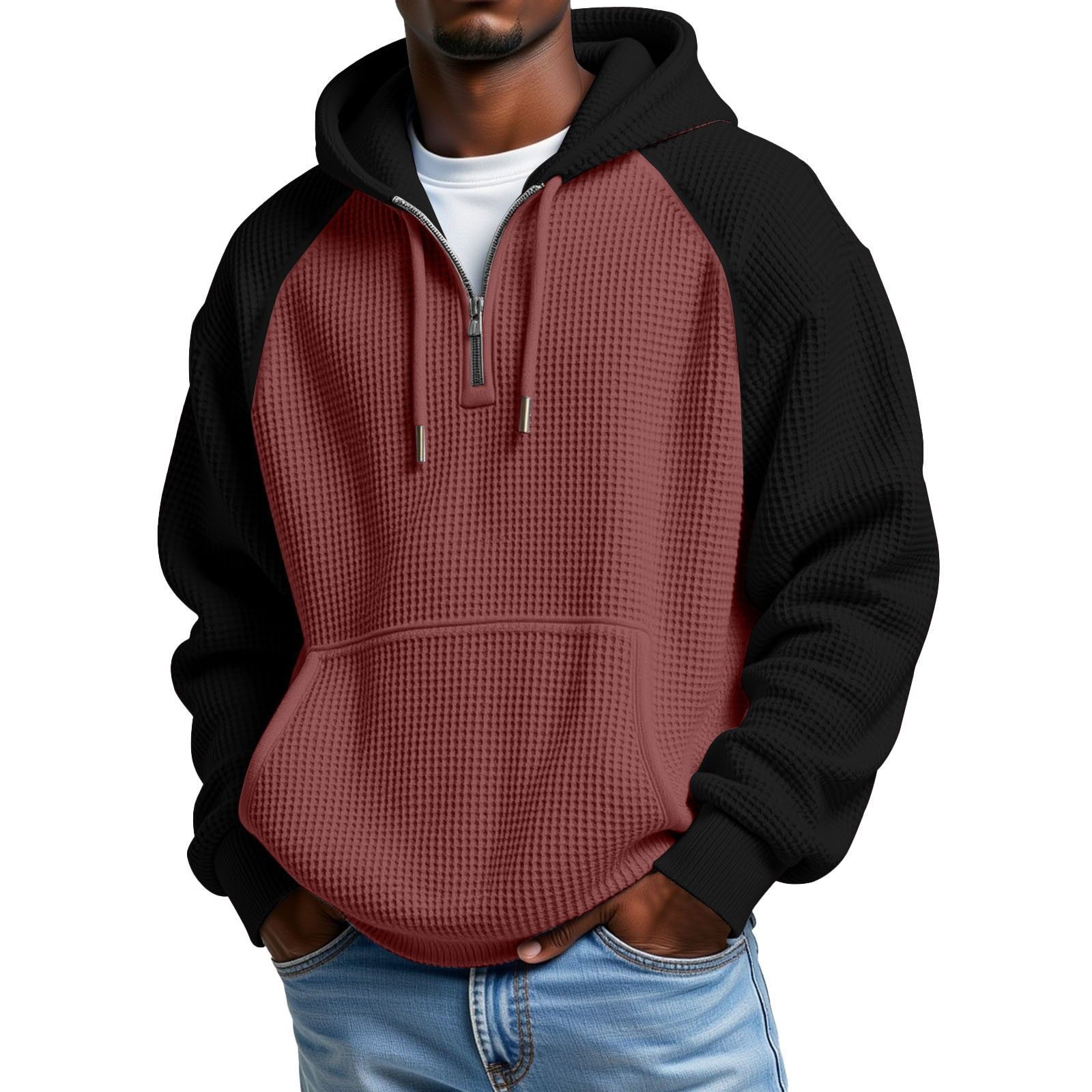 Men's Quarter-Zip Waffle Hoodie – Contrast Design for Everyday Wear