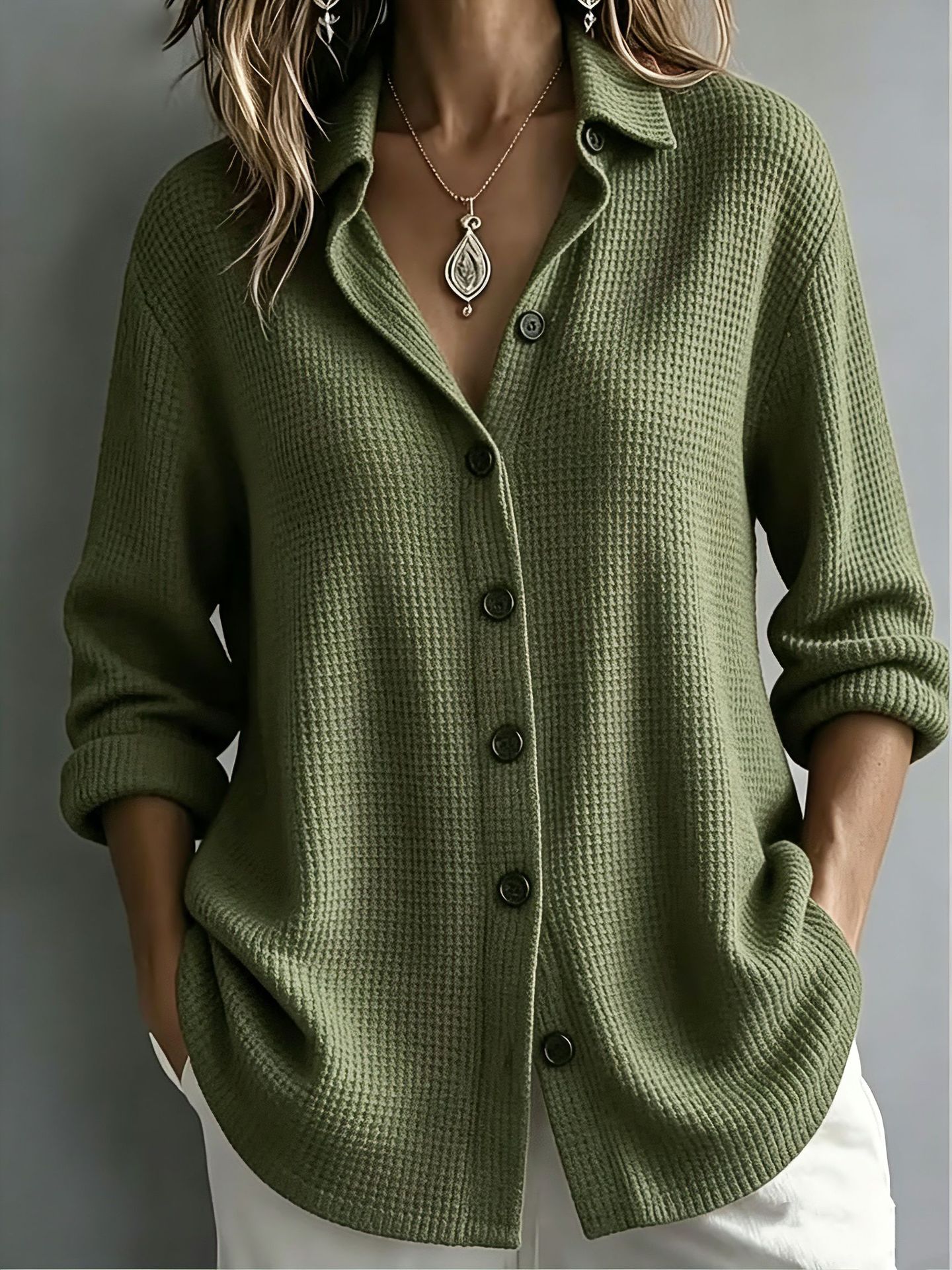 Women's Waffle Knit Button-Up Shirt – Relaxed Textured Top for Everyday Wear
