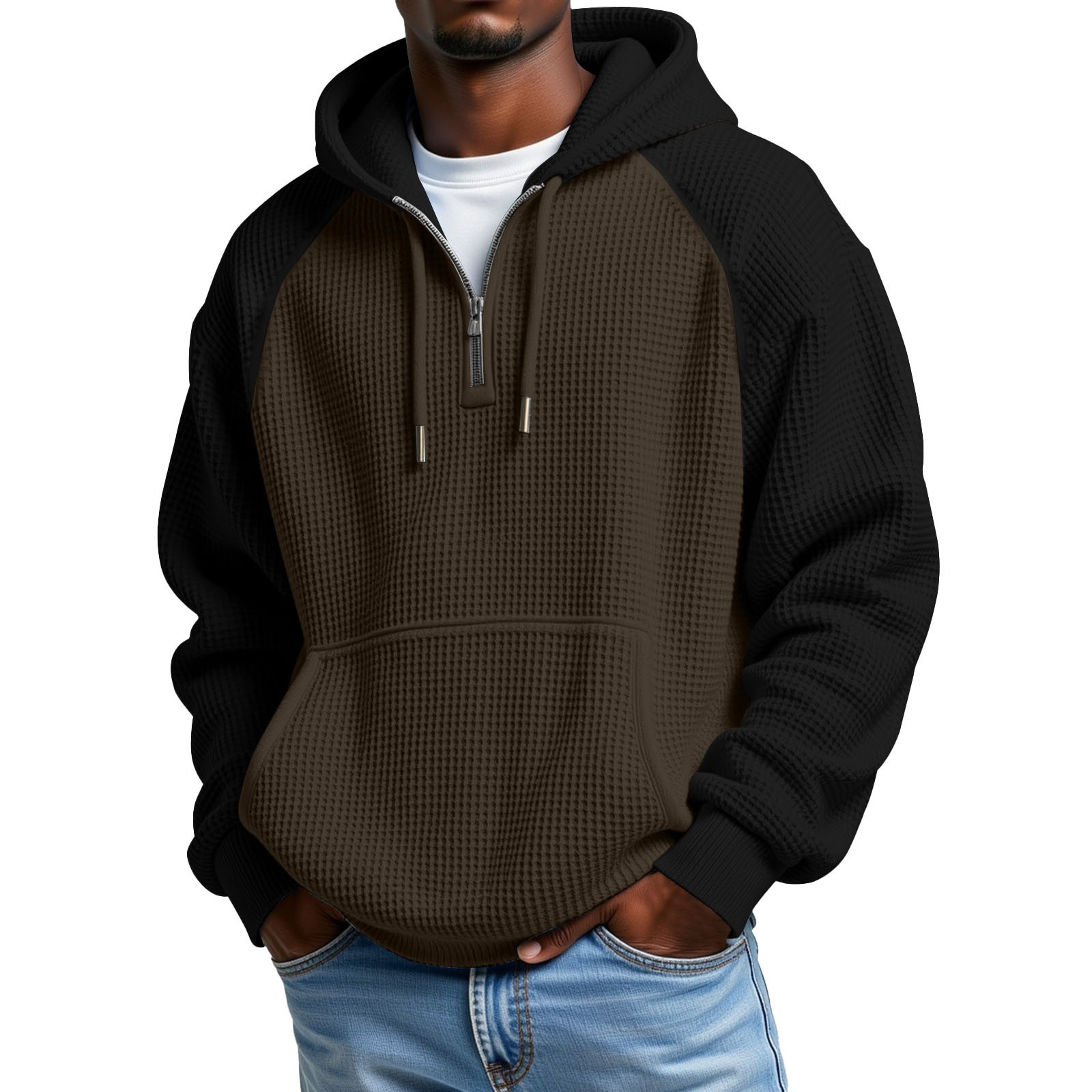 Men's Quarter-Zip Waffle Hoodie – Contrast Design for Everyday Wear