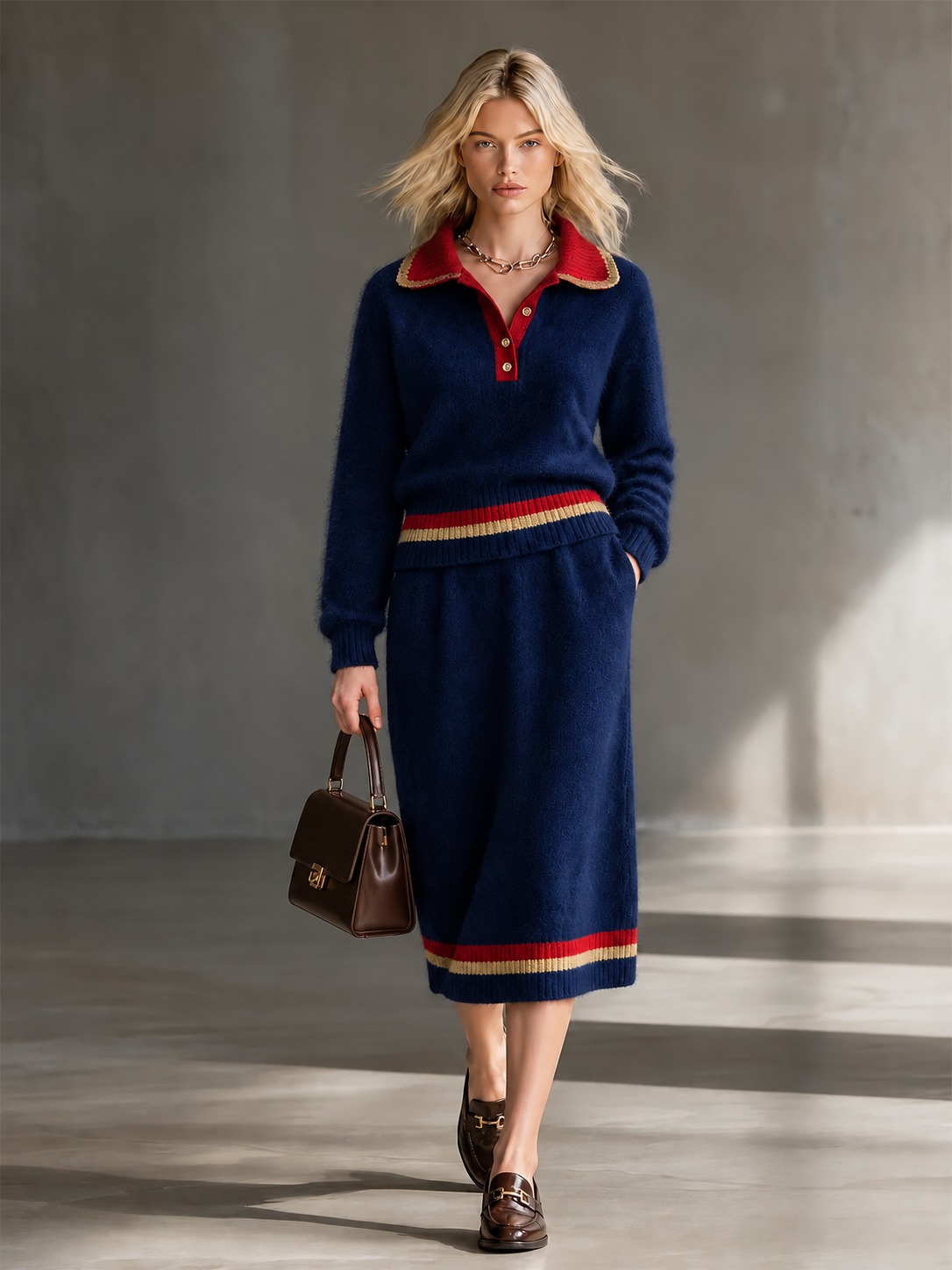 Navy Blue Lape Half Button Contrast Stripes Knit Sweater Two Piece Midi Skirt Set