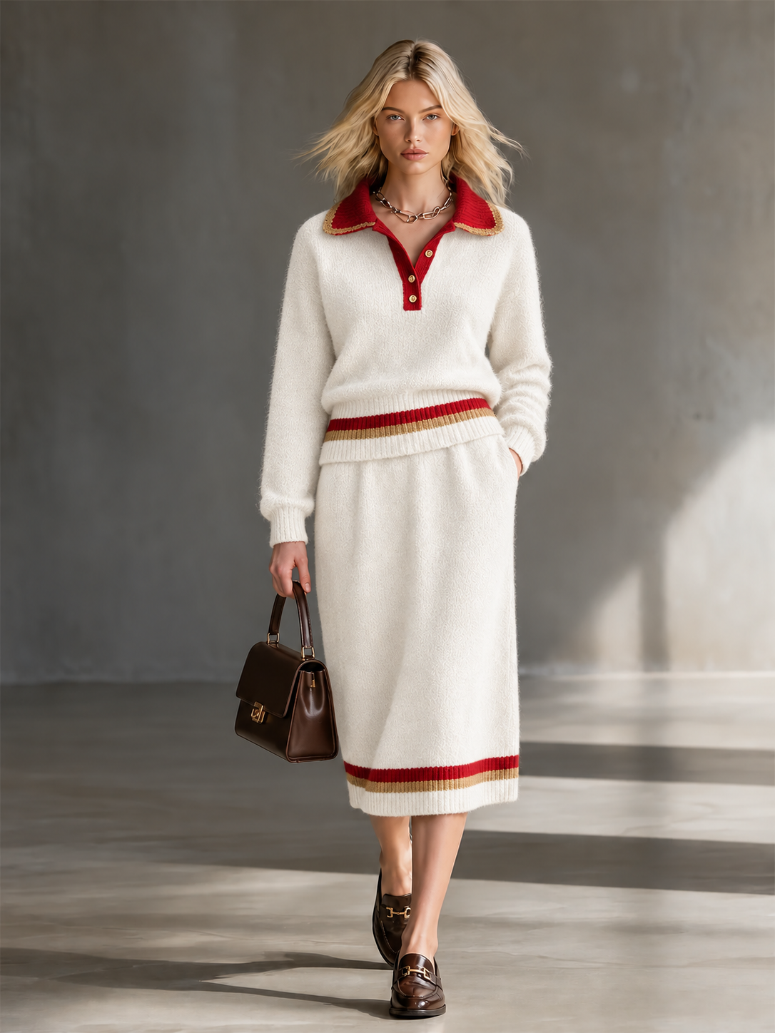 Navy Blue Lape Half Button Contrast Stripes Knit Sweater Two Piece Midi Skirt Set