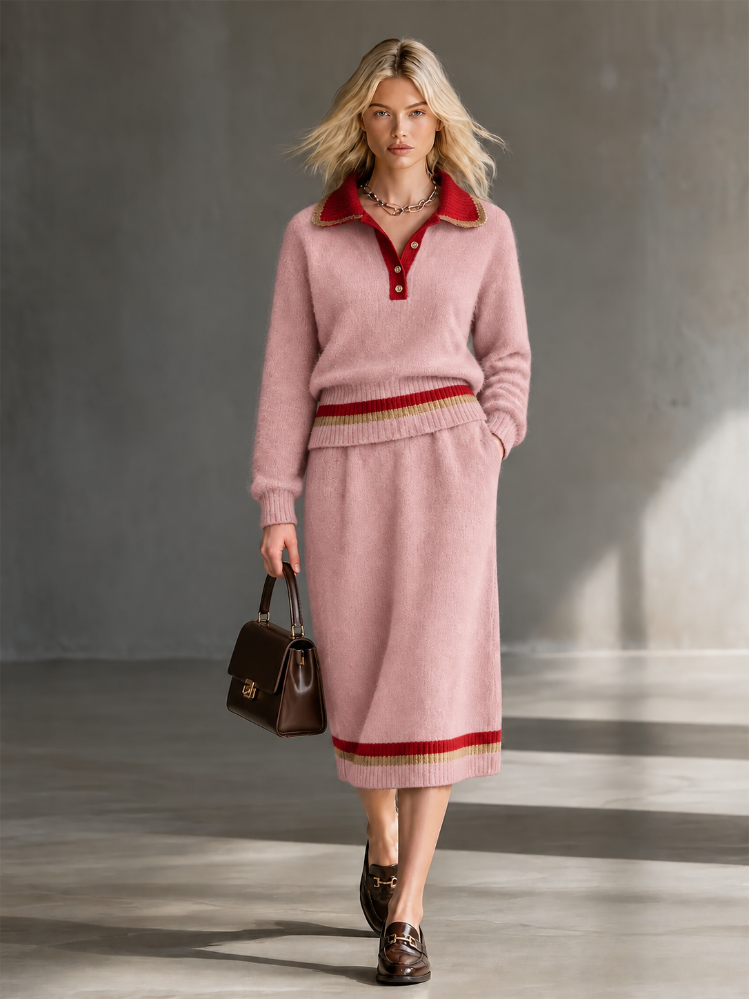 Navy Blue Lape Half Button Contrast Stripes Knit Sweater Two Piece Midi Skirt Set