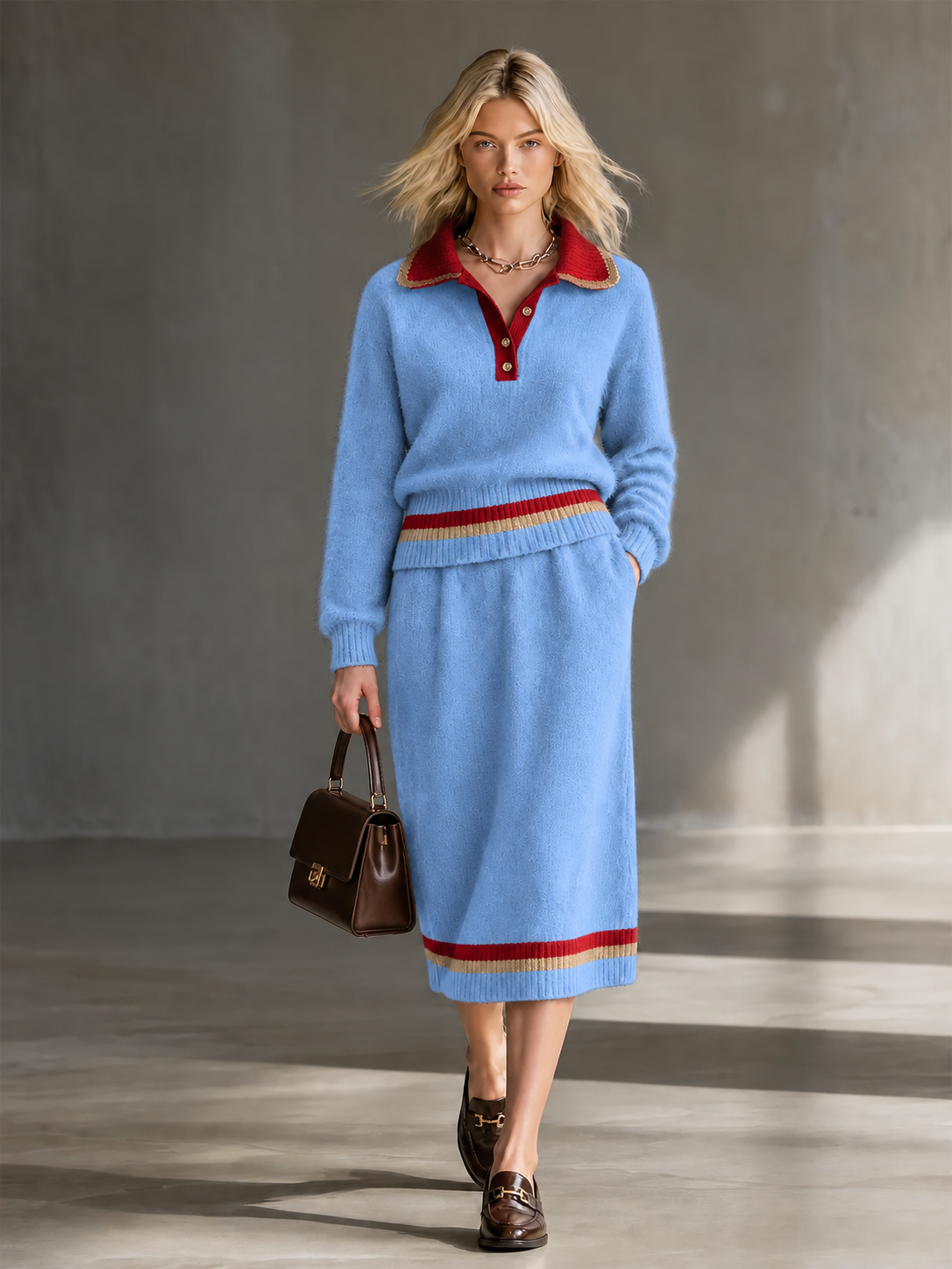 Navy Blue Lape Half Button Contrast Stripes Knit Sweater Two Piece Midi Skirt Set
