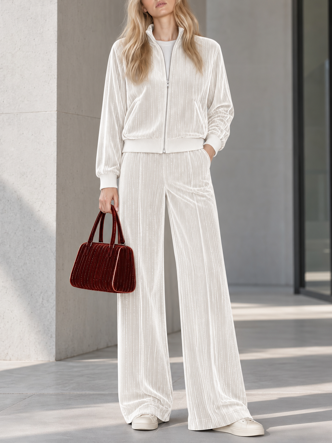 Burgundy Metallic-thread Velvet Zip-up Jacket And Wide-leg Trousers Set