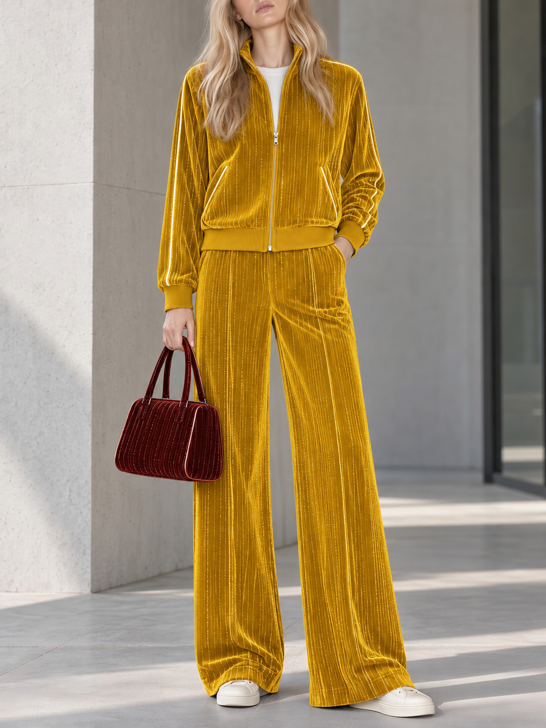 Burgundy Metallic-thread Velvet Zip-up Jacket And Wide-leg Trousers Set